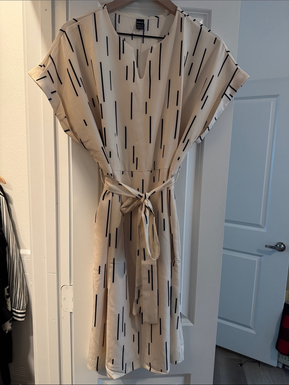 Beige Printed Midi Dress with Tie Waist